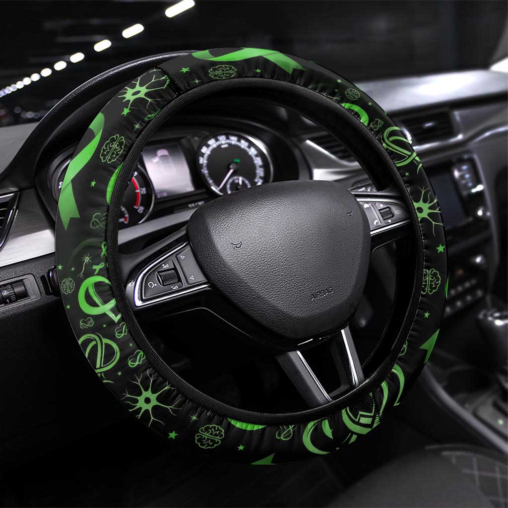 Cerebral Palsy Awareness Infinity Heart Steering Wheel Cover Neon Green Ribbon Pattern Illustration