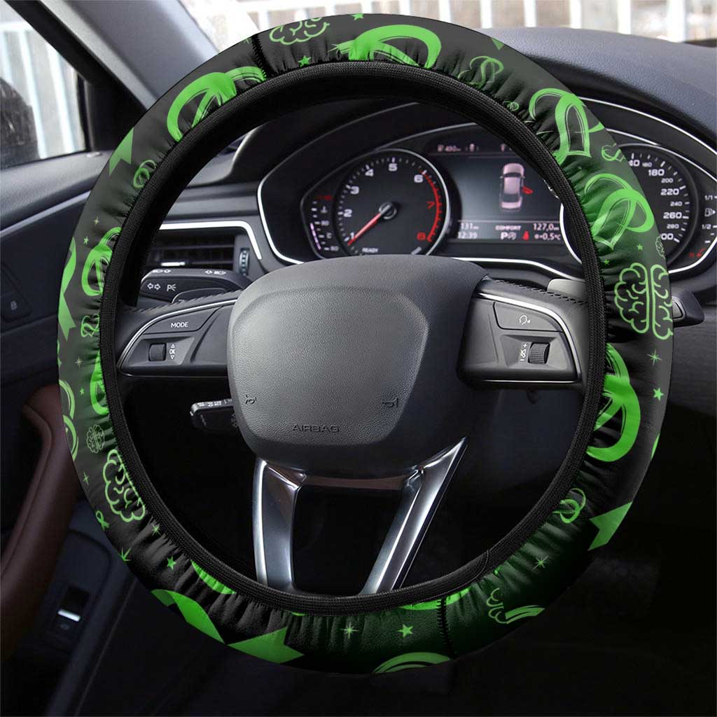 Cerebral Palsy Awareness Infinity Heart Steering Wheel Cover Neon Green Ribbon Pattern Illustration