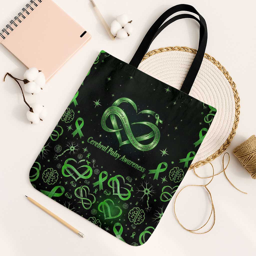 Cerebral Palsy Awareness Infinity Heart Tote Bag Neon Green Ribbon Pattern Illustration