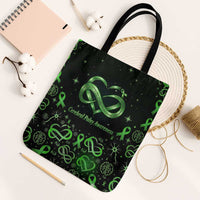 Cerebral Palsy Awareness Infinity Heart Tote Bag Neon Green Ribbon Pattern Illustration