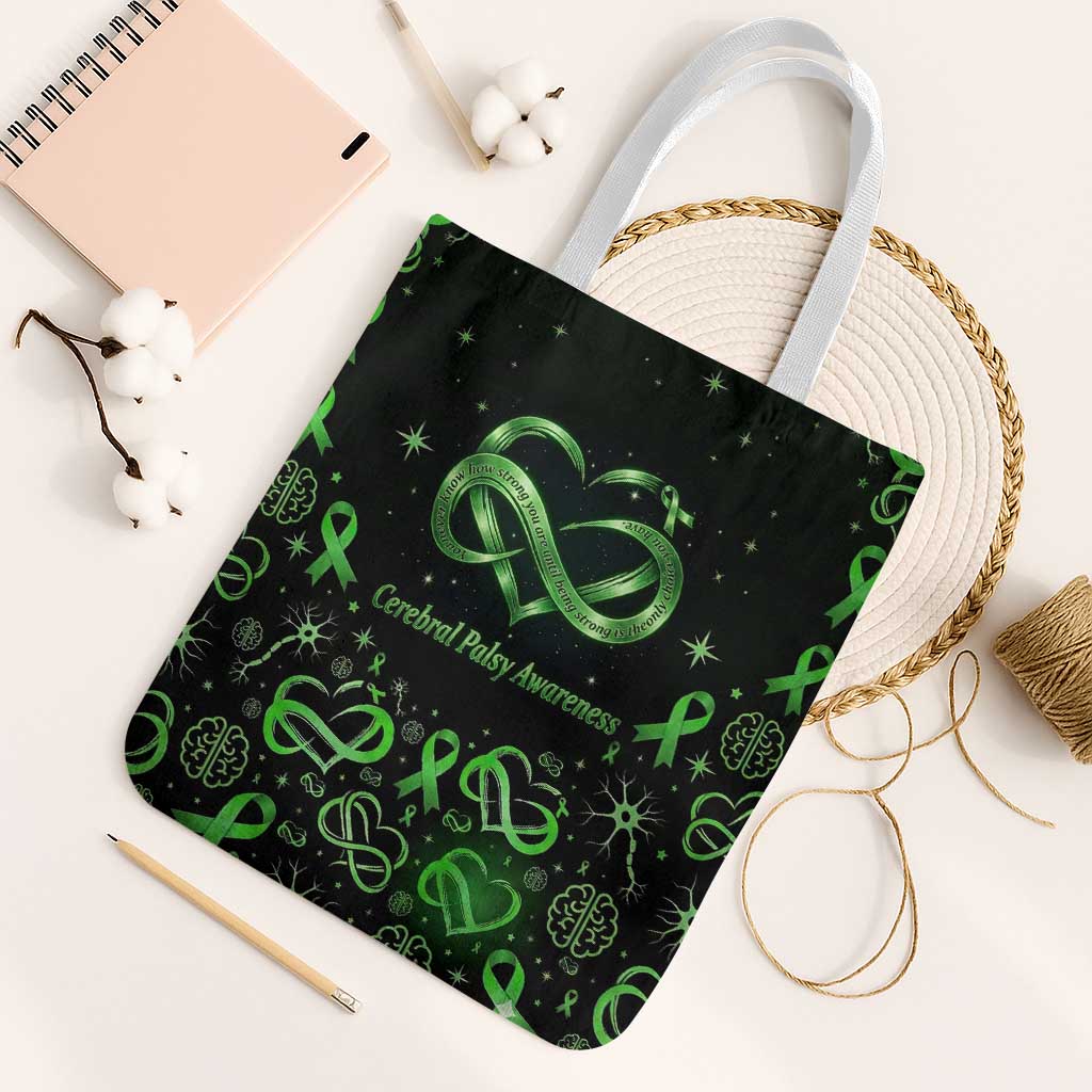 Cerebral Palsy Awareness Infinity Heart Tote Bag Neon Green Ribbon Pattern Illustration
