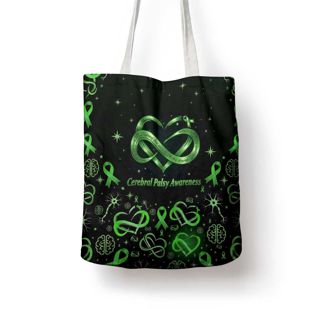 Cerebral Palsy Awareness Infinity Heart Tote Bag Neon Green Ribbon Pattern Illustration