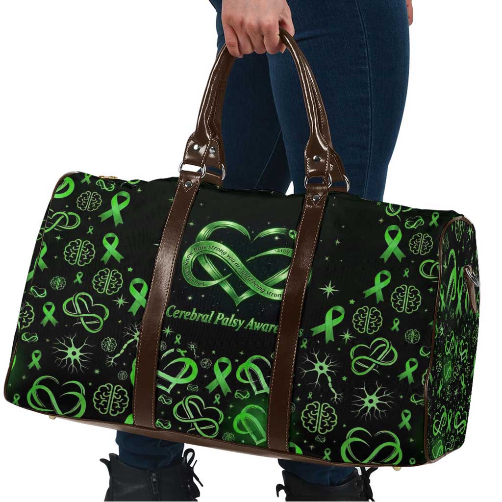 Cerebral Palsy Awareness Infinity Heart Travel Bag Neon Green Ribbon Pattern Illustration