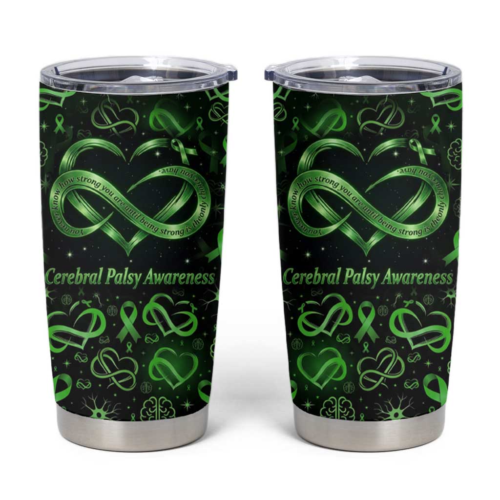 Cerebral Palsy Awareness Infinity Heart Tumbler Cup Neon Green Ribbon Pattern Illustration
