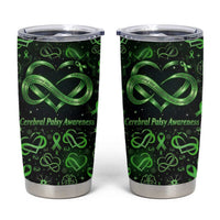 Cerebral Palsy Awareness Infinity Heart Tumbler Cup Neon Green Ribbon Pattern Illustration