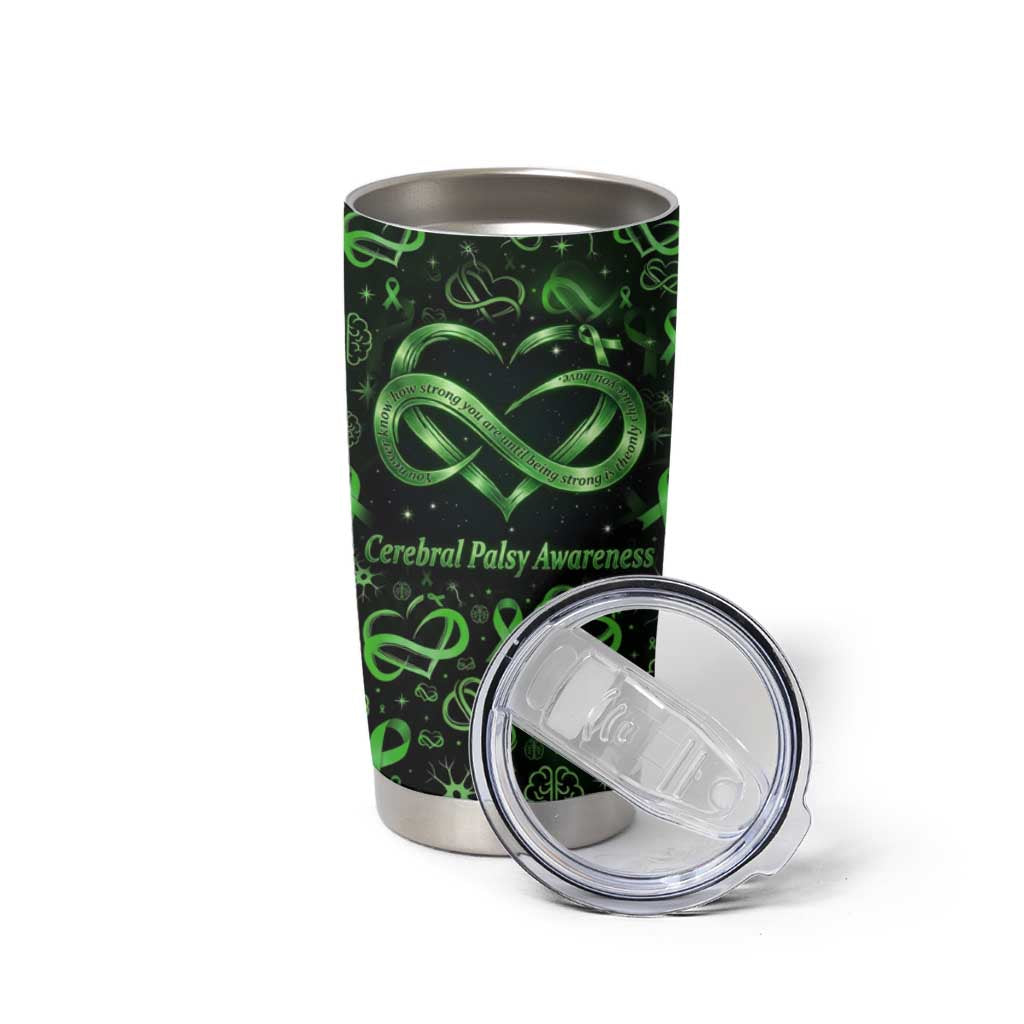 Cerebral Palsy Awareness Infinity Heart Tumbler Cup Neon Green Ribbon Pattern Illustration