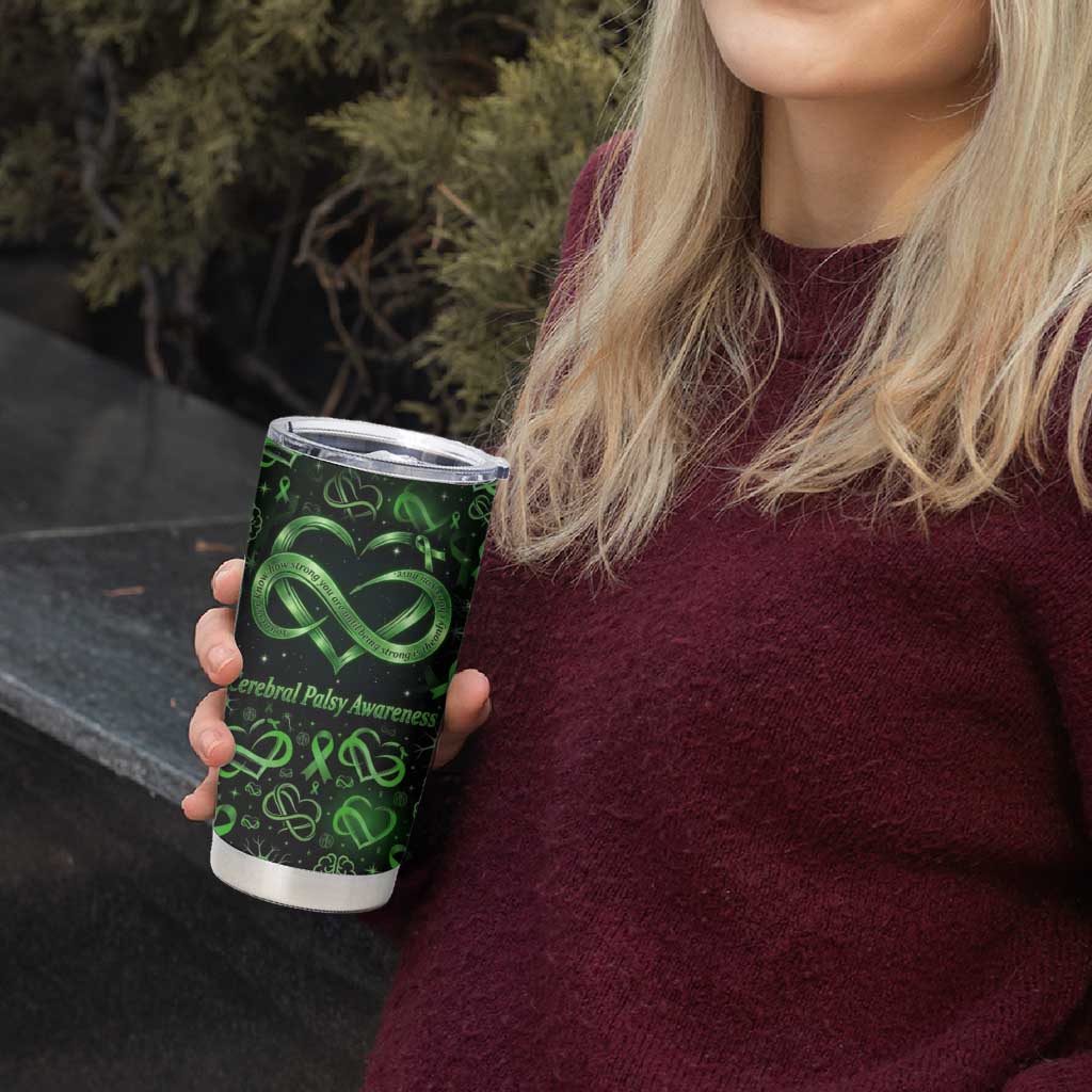 Cerebral Palsy Awareness Infinity Heart Tumbler Cup Neon Green Ribbon Pattern Illustration