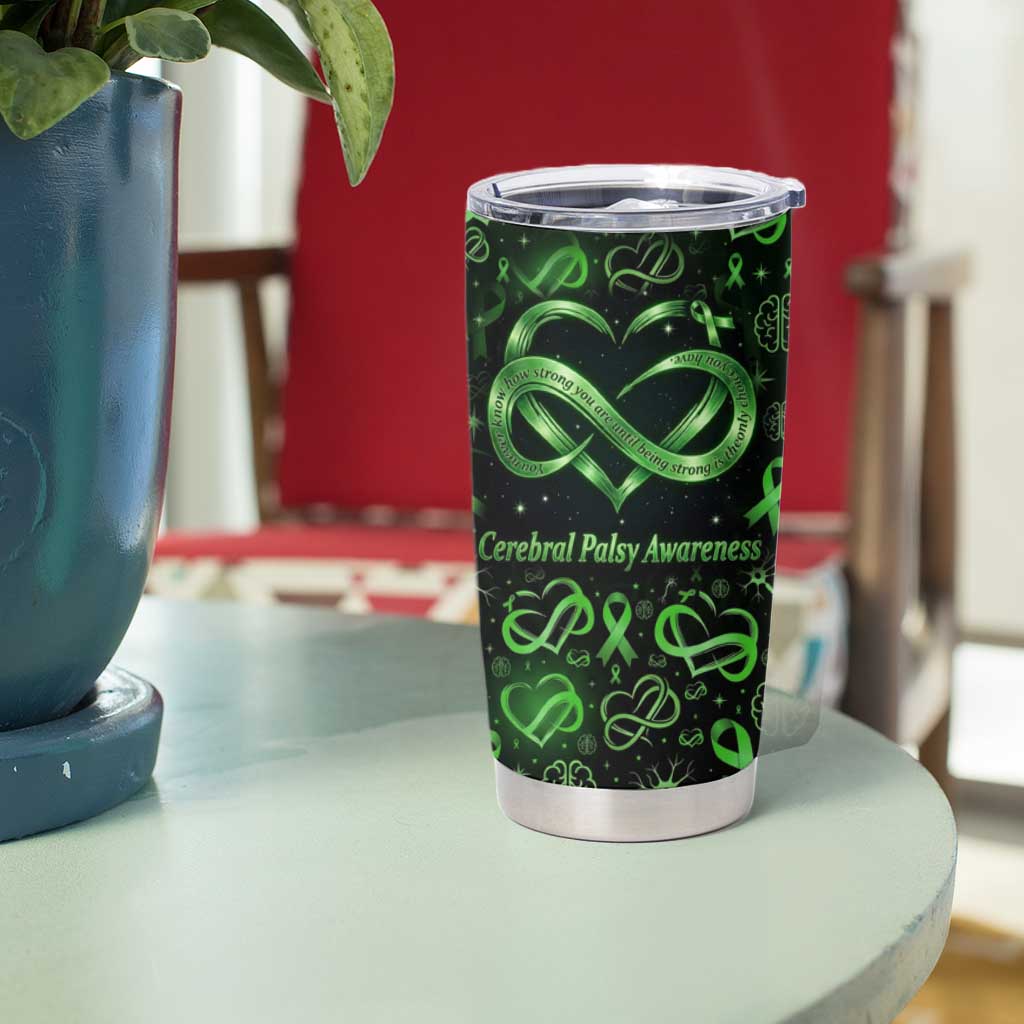 Cerebral Palsy Awareness Infinity Heart Tumbler Cup Neon Green Ribbon Pattern Illustration