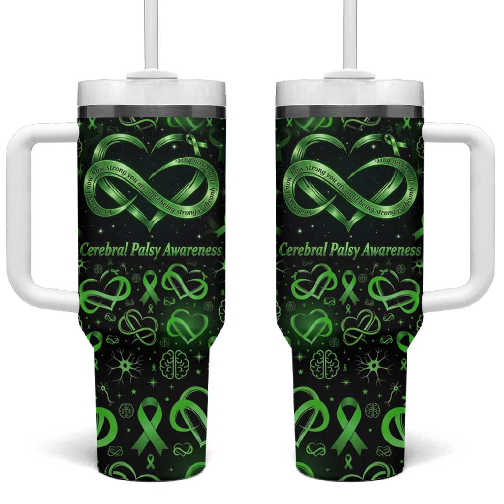 Cerebral Palsy Awareness Infinity Heart Tumbler With Handle Neon Green Ribbon Pattern Illustration
