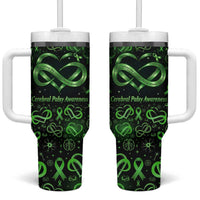 Cerebral Palsy Awareness Infinity Heart Tumbler With Handle Neon Green Ribbon Pattern Illustration