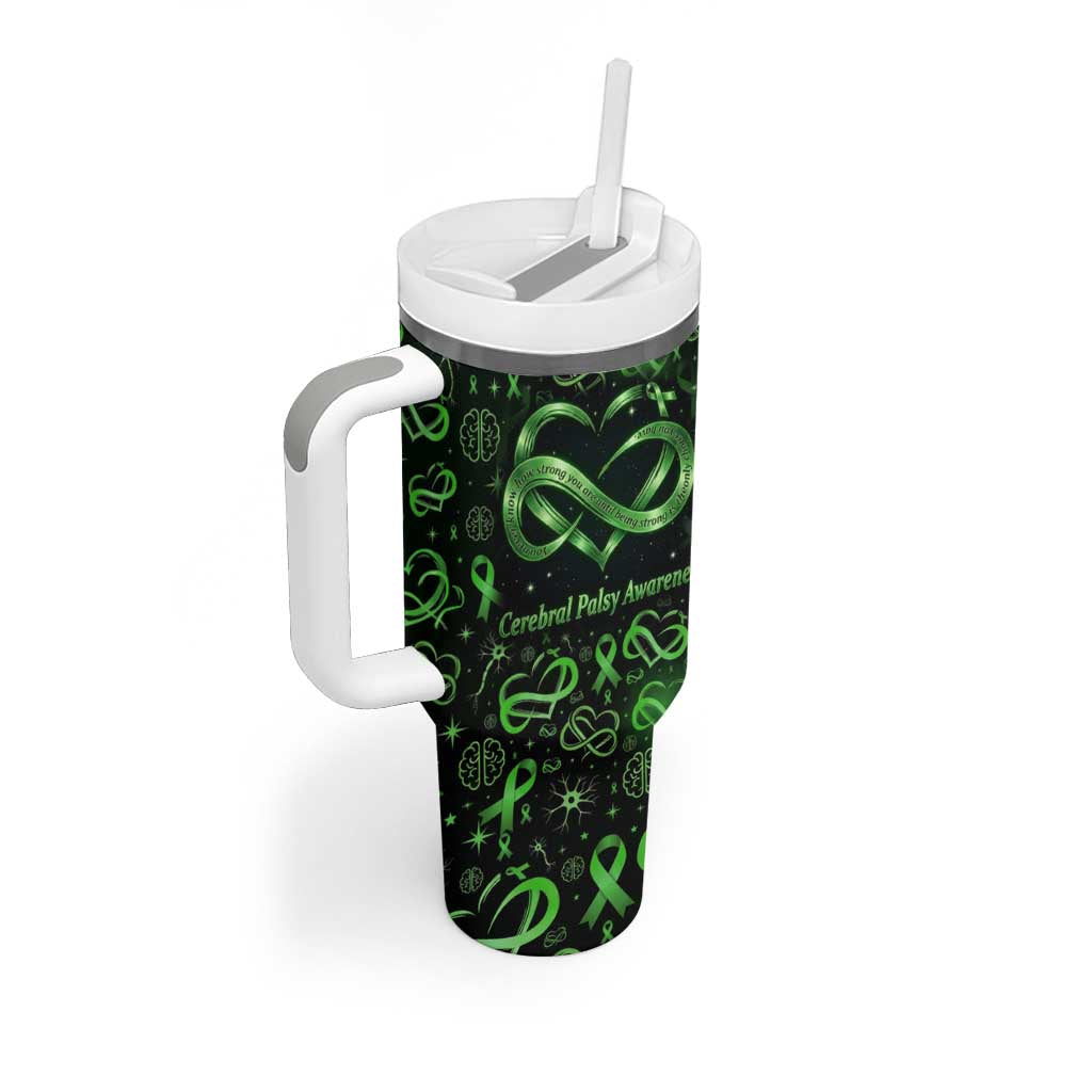 Cerebral Palsy Awareness Infinity Heart Tumbler With Handle Neon Green Ribbon Pattern Illustration