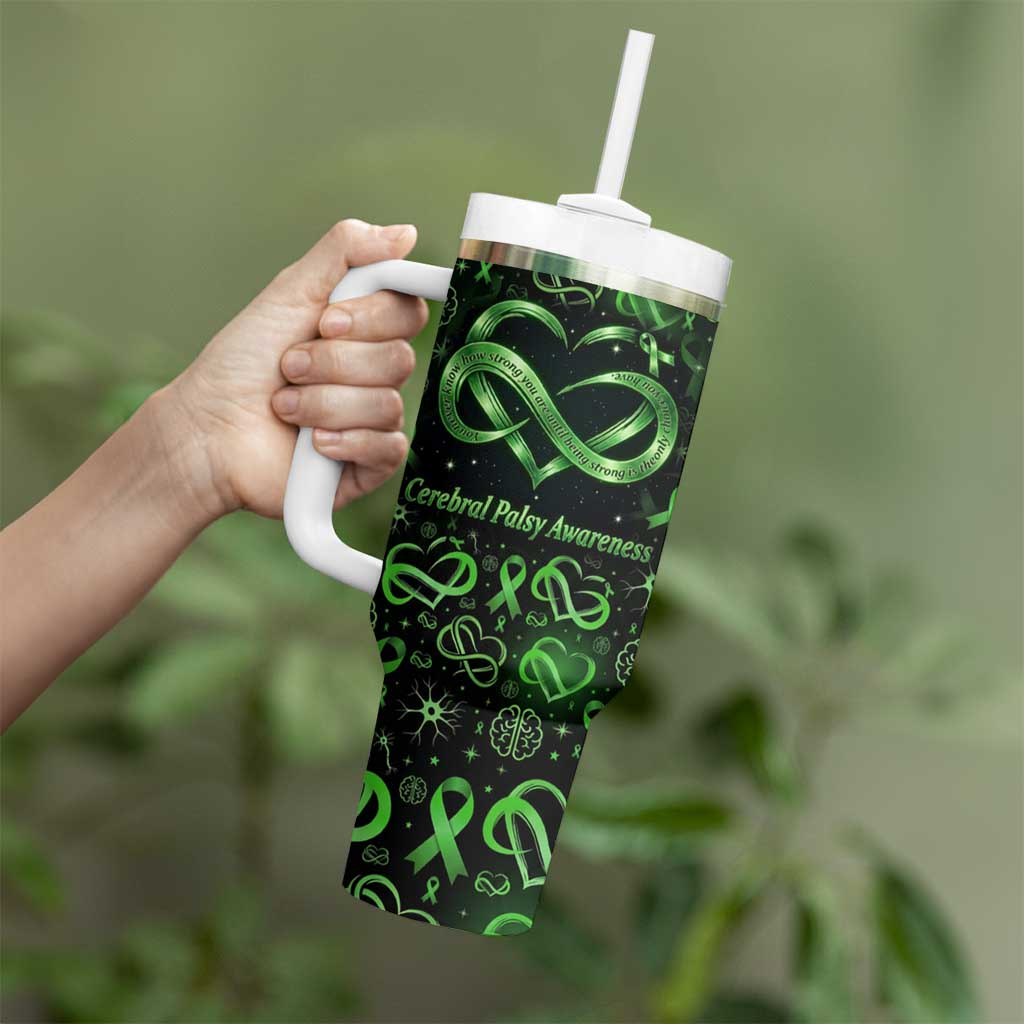 Cerebral Palsy Awareness Infinity Heart Tumbler With Handle Neon Green Ribbon Pattern Illustration