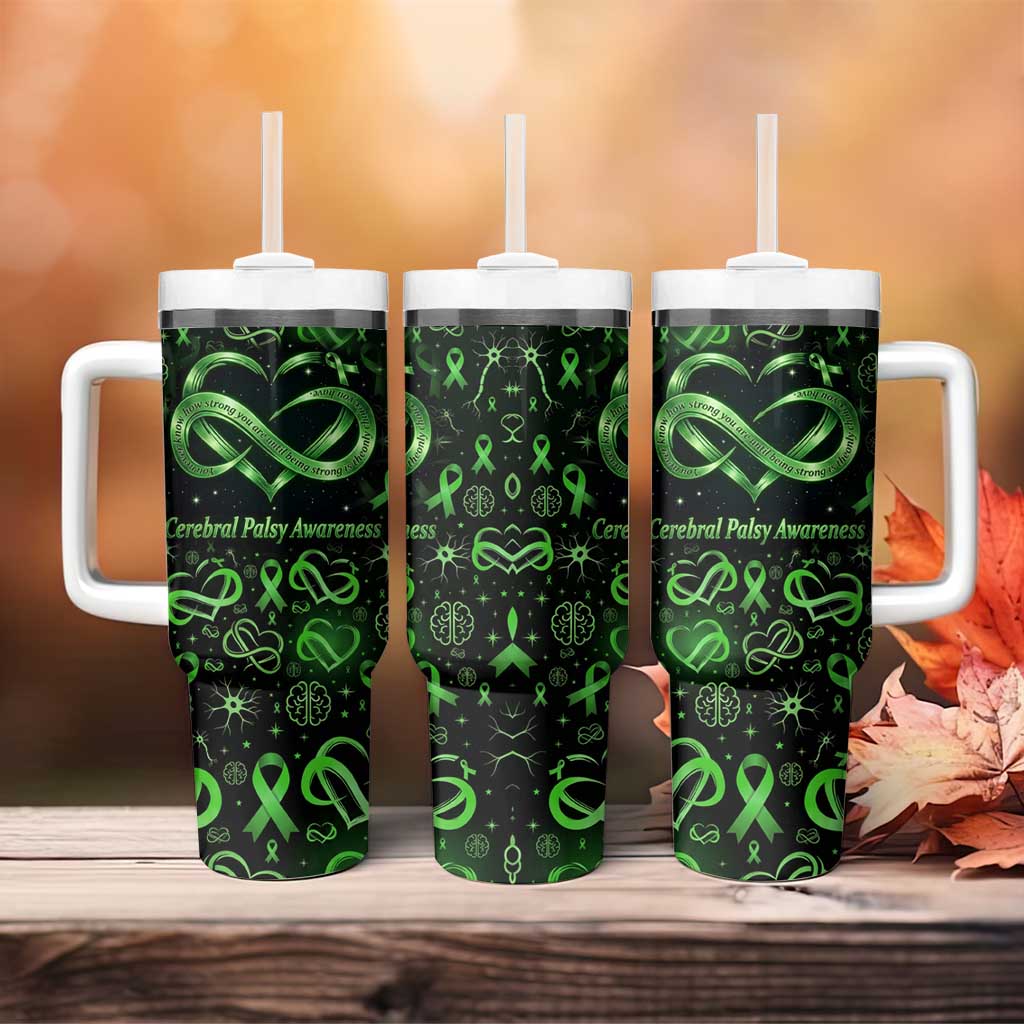 Cerebral Palsy Awareness Infinity Heart Tumbler With Handle Neon Green Ribbon Pattern Illustration