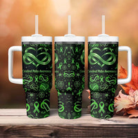 Cerebral Palsy Awareness Infinity Heart Tumbler With Handle Neon Green Ribbon Pattern Illustration
