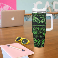 Cerebral Palsy Awareness Infinity Heart Tumbler With Handle Neon Green Ribbon Pattern Illustration