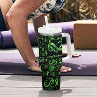 Cerebral Palsy Awareness Infinity Heart Tumbler With Handle Neon Green Ribbon Pattern Illustration