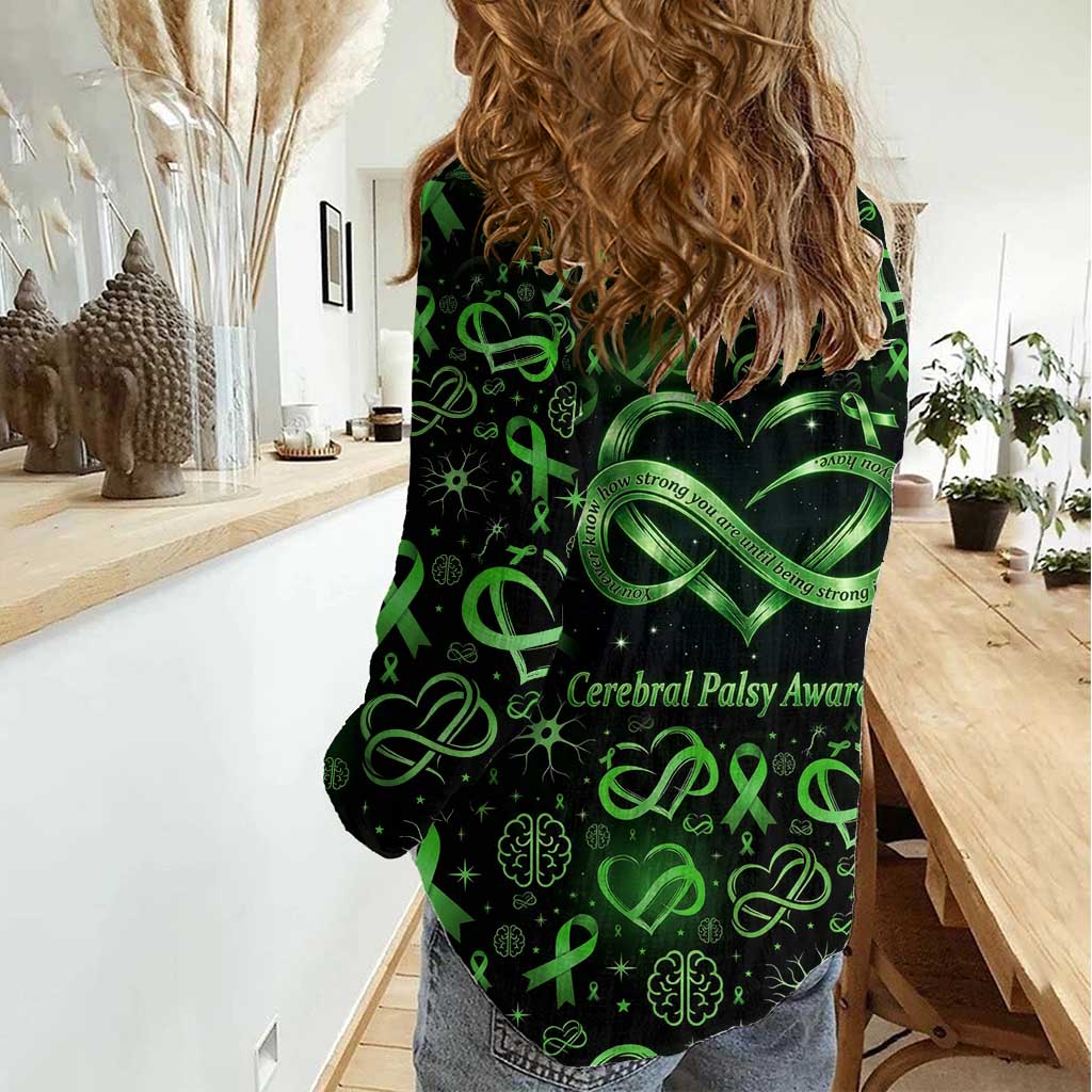 Cerebral Palsy Awareness Infinity Heart Women Casual Shirt Neon Green Ribbon Pattern Illustration