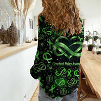 Cerebral Palsy Awareness Infinity Heart Women Casual Shirt Neon Green Ribbon Pattern Illustration
