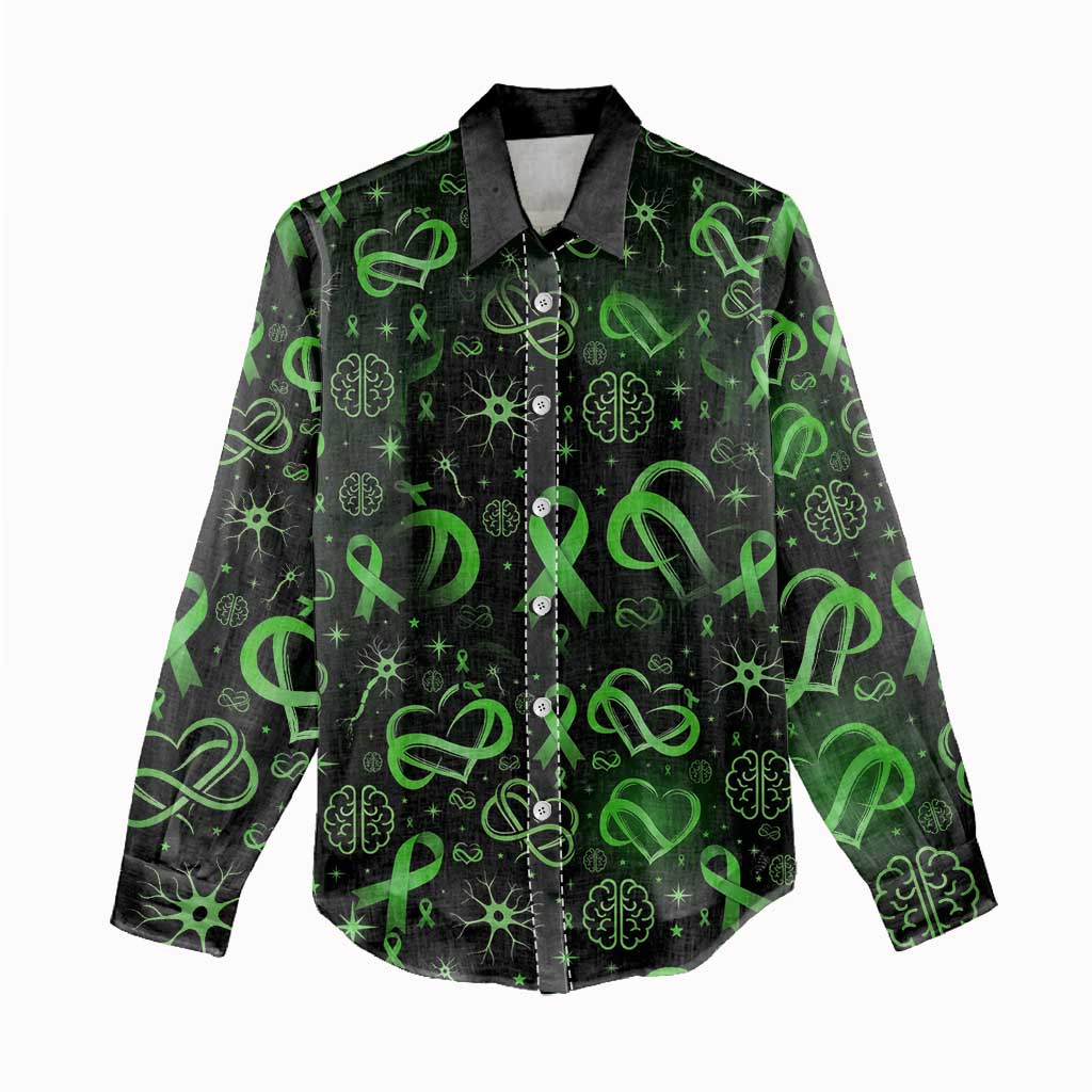 Cerebral Palsy Awareness Infinity Heart Women Casual Shirt Neon Green Ribbon Pattern Illustration