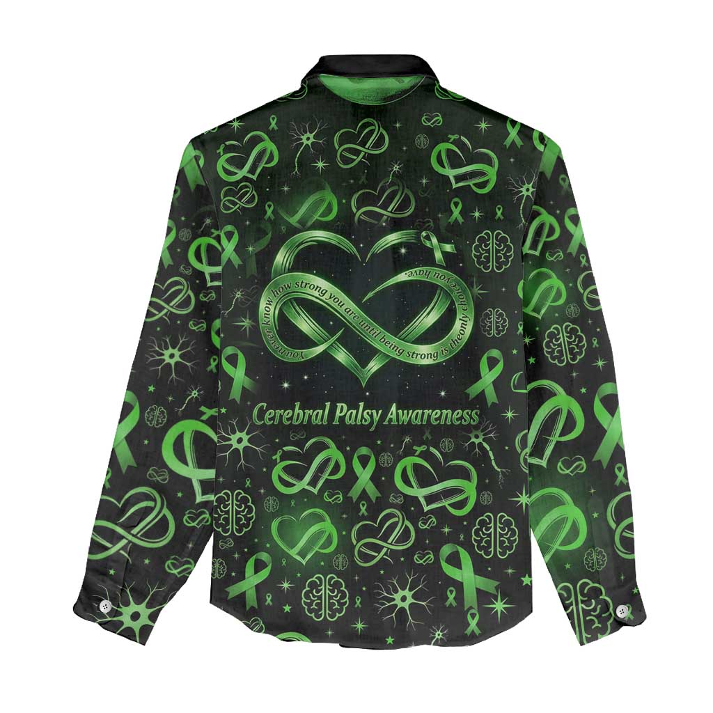 Cerebral Palsy Awareness Infinity Heart Women Casual Shirt Neon Green Ribbon Pattern Illustration