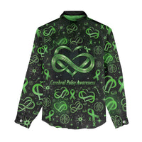 Cerebral Palsy Awareness Infinity Heart Women Casual Shirt Neon Green Ribbon Pattern Illustration
