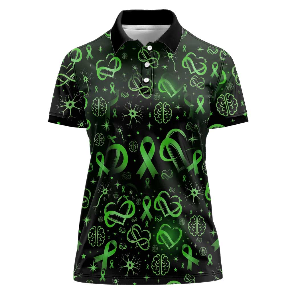 Cerebral Palsy Awareness Infinity Heart Women Polo Shirt Neon Green Ribbon Pattern Illustration