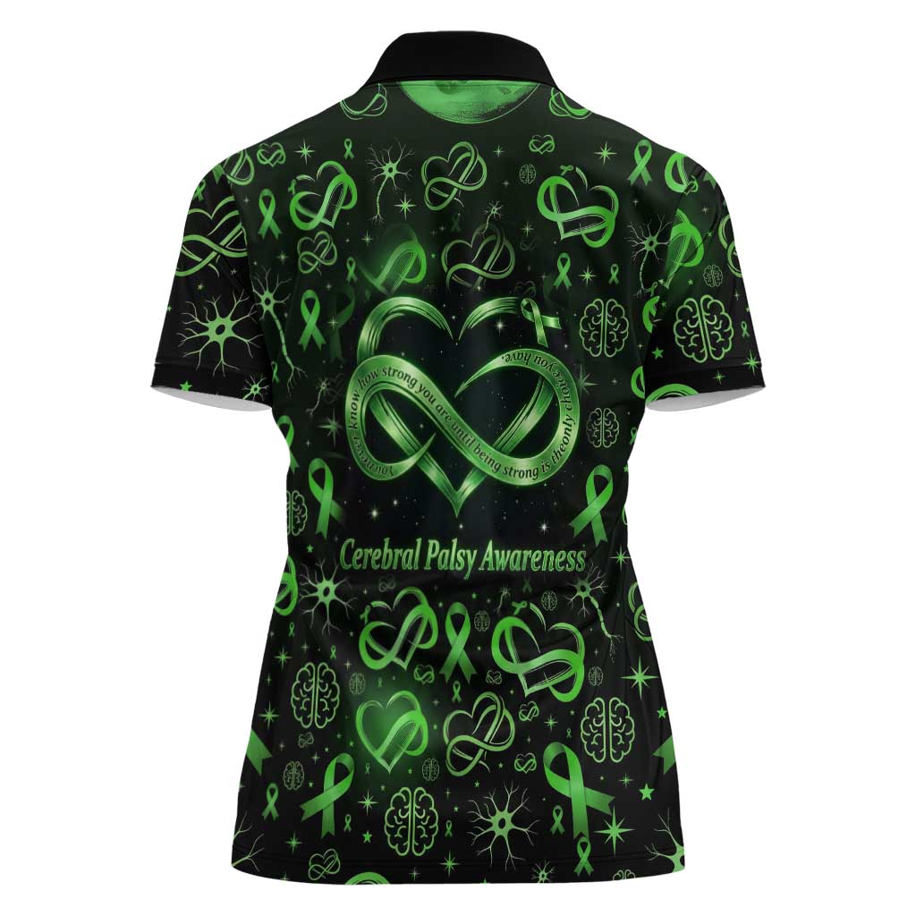 Cerebral Palsy Awareness Infinity Heart Women Polo Shirt Neon Green Ribbon Pattern Illustration