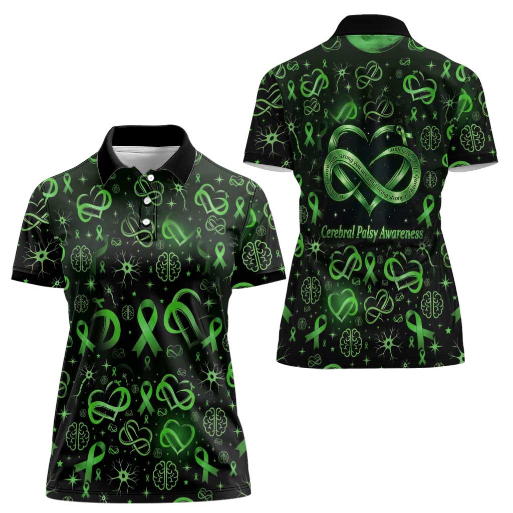 Cerebral Palsy Awareness Infinity Heart Women Polo Shirt Neon Green Ribbon Pattern Illustration