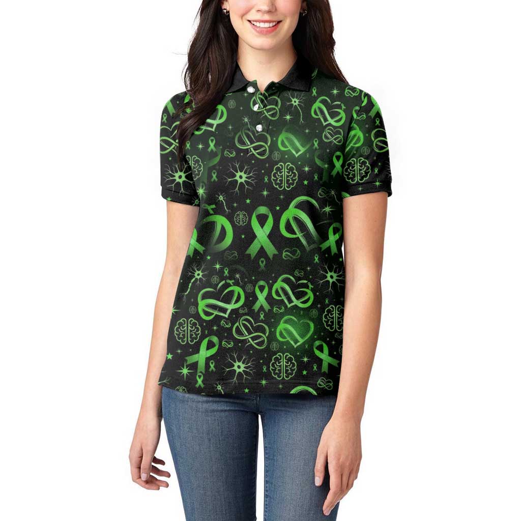 Cerebral Palsy Awareness Infinity Heart Women Polo Shirt Neon Green Ribbon Pattern Illustration