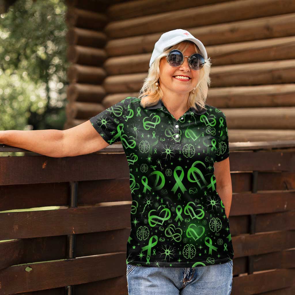 Cerebral Palsy Awareness Infinity Heart Women Polo Shirt Neon Green Ribbon Pattern Illustration