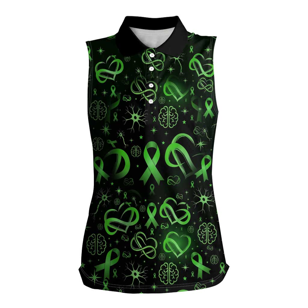 Cerebral Palsy Awareness Infinity Heart Women Sleeveless Polo Shirt Neon Green Ribbon Pattern Illustration