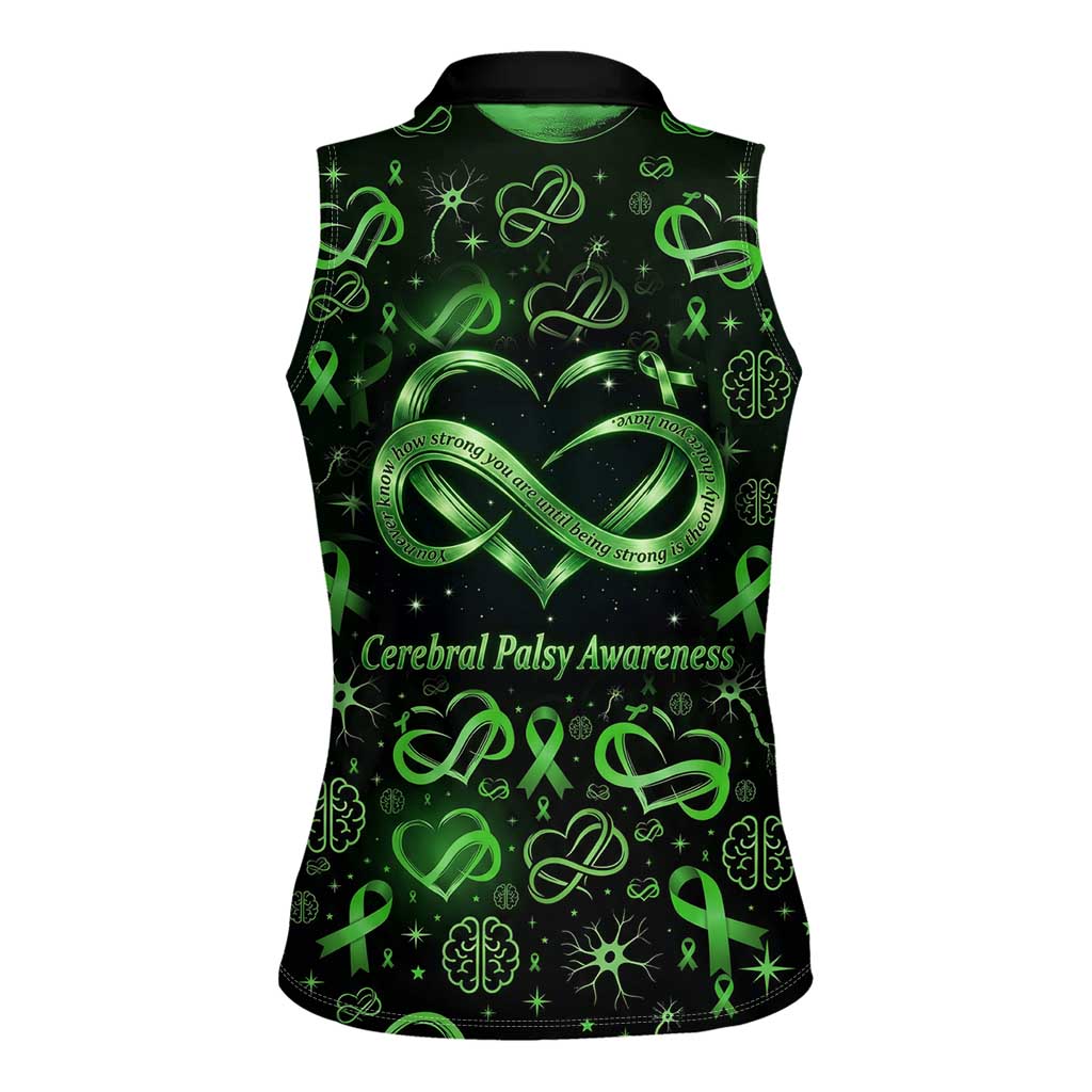 Cerebral Palsy Awareness Infinity Heart Women Sleeveless Polo Shirt Neon Green Ribbon Pattern Illustration