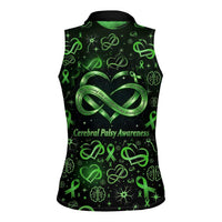 Cerebral Palsy Awareness Infinity Heart Women Sleeveless Polo Shirt Neon Green Ribbon Pattern Illustration
