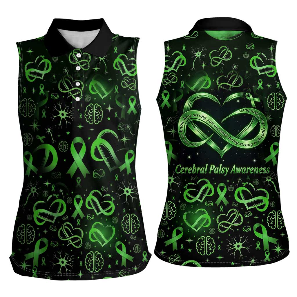 Cerebral Palsy Awareness Infinity Heart Women Sleeveless Polo Shirt Neon Green Ribbon Pattern Illustration