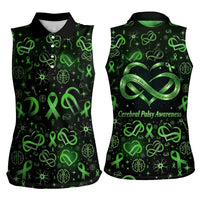 Cerebral Palsy Awareness Infinity Heart Women Sleeveless Polo Shirt Neon Green Ribbon Pattern Illustration