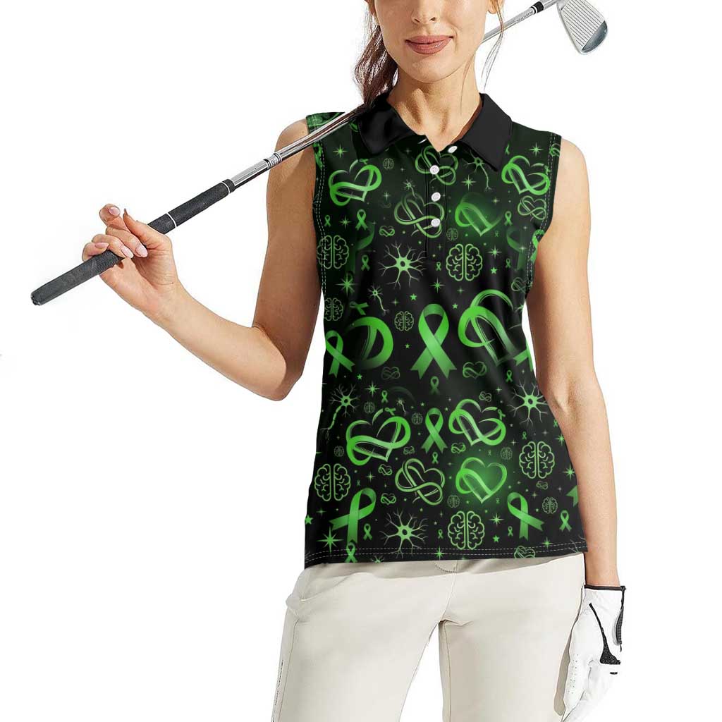 Cerebral Palsy Awareness Infinity Heart Women Sleeveless Polo Shirt Neon Green Ribbon Pattern Illustration