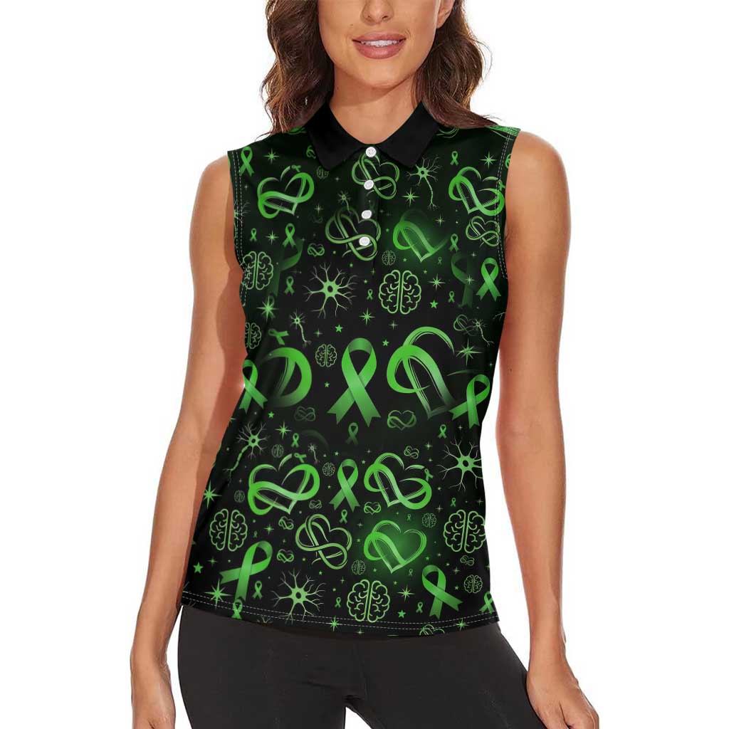 Cerebral Palsy Awareness Infinity Heart Women Sleeveless Polo Shirt Neon Green Ribbon Pattern Illustration