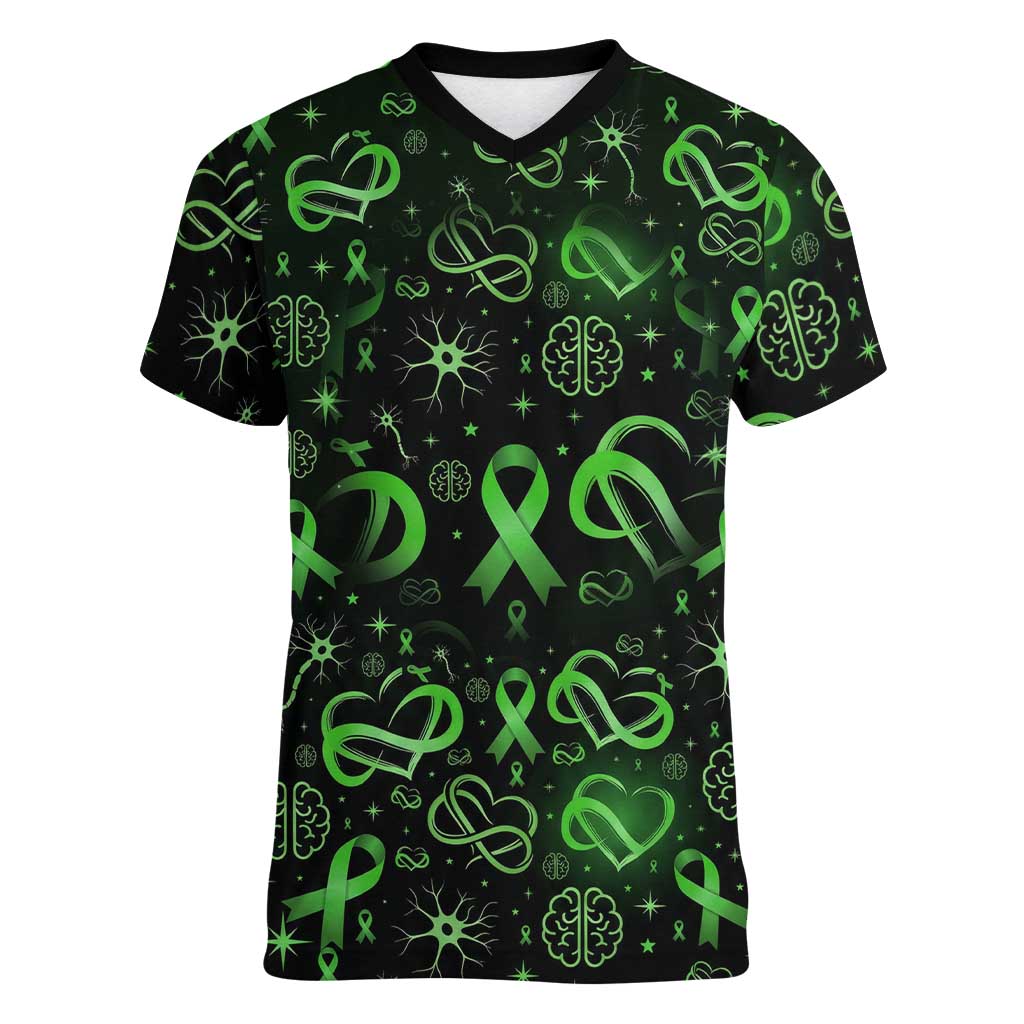 Cerebral Palsy Awareness Infinity Heart Women V-Neck T-Shirt Neon Green Ribbon Pattern Illustration