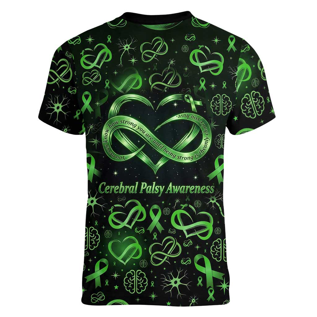 Cerebral Palsy Awareness Infinity Heart Women V-Neck T-Shirt Neon Green Ribbon Pattern Illustration
