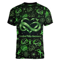 Cerebral Palsy Awareness Infinity Heart Women V-Neck T-Shirt Neon Green Ribbon Pattern Illustration
