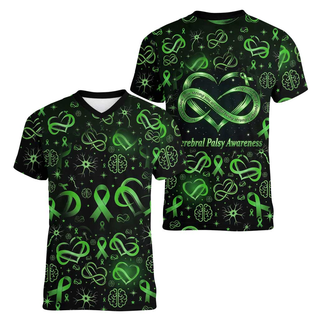 Cerebral Palsy Awareness Infinity Heart Women V-Neck T-Shirt Neon Green Ribbon Pattern Illustration