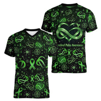 Cerebral Palsy Awareness Infinity Heart Women V-Neck T-Shirt Neon Green Ribbon Pattern Illustration