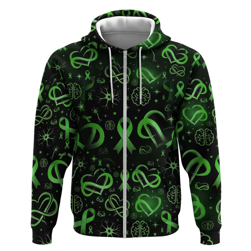 Cerebral Palsy Awareness Infinity Heart Zip Hoodie Neon Green Ribbon Pattern Illustration