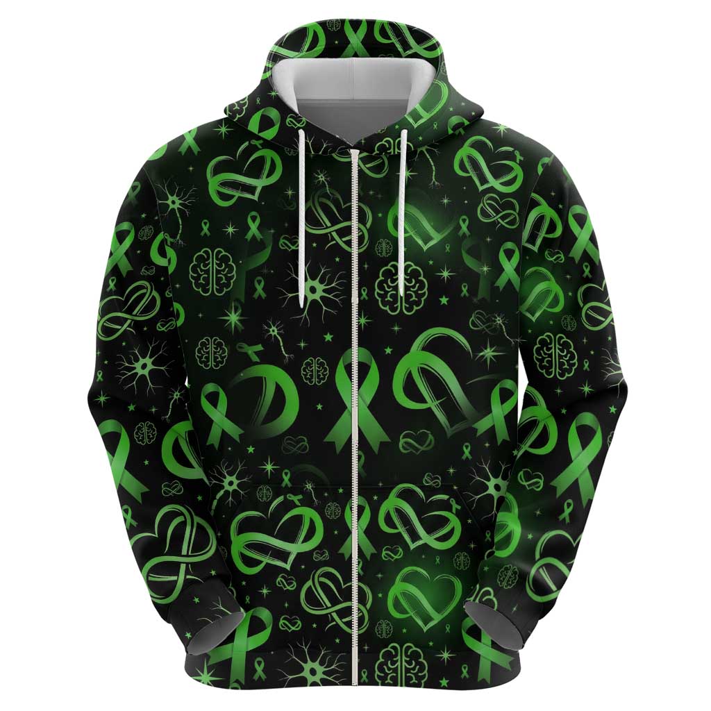 Cerebral Palsy Awareness Infinity Heart Zip Hoodie Neon Green Ribbon Pattern Illustration