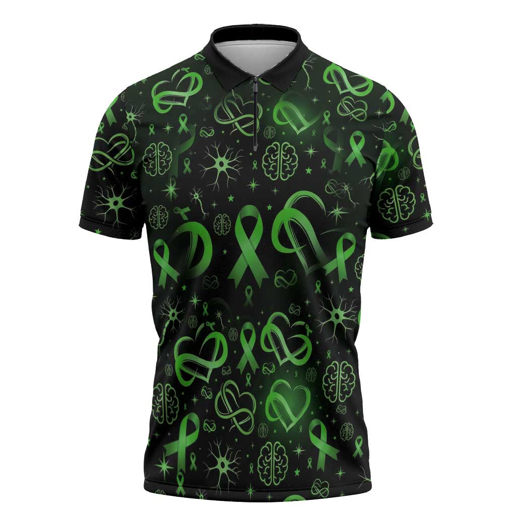 Cerebral Palsy Awareness Infinity Heart Zipper Polo Shirt Neon Green Ribbon Pattern Illustration