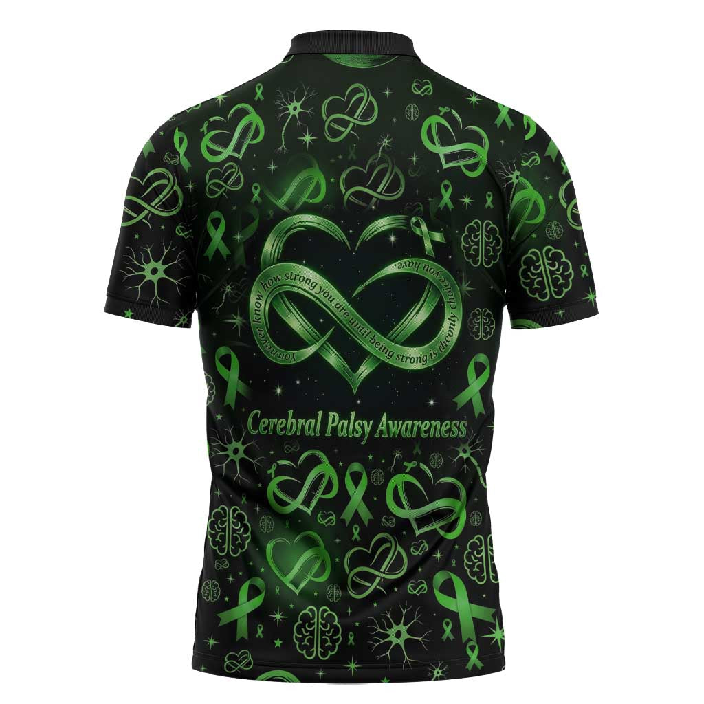 Cerebral Palsy Awareness Infinity Heart Zipper Polo Shirt Neon Green Ribbon Pattern Illustration