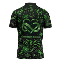 Cerebral Palsy Awareness Infinity Heart Zipper Polo Shirt Neon Green Ribbon Pattern Illustration