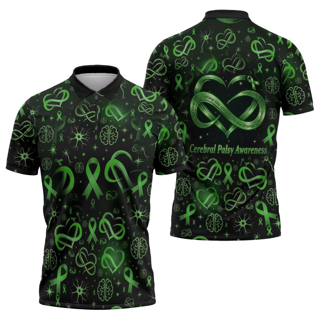 Cerebral Palsy Awareness Infinity Heart Zipper Polo Shirt Neon Green Ribbon Pattern Illustration