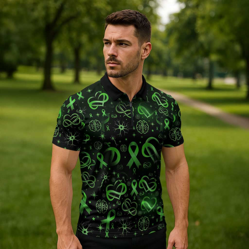 Cerebral Palsy Awareness Infinity Heart Zipper Polo Shirt Neon Green Ribbon Pattern Illustration