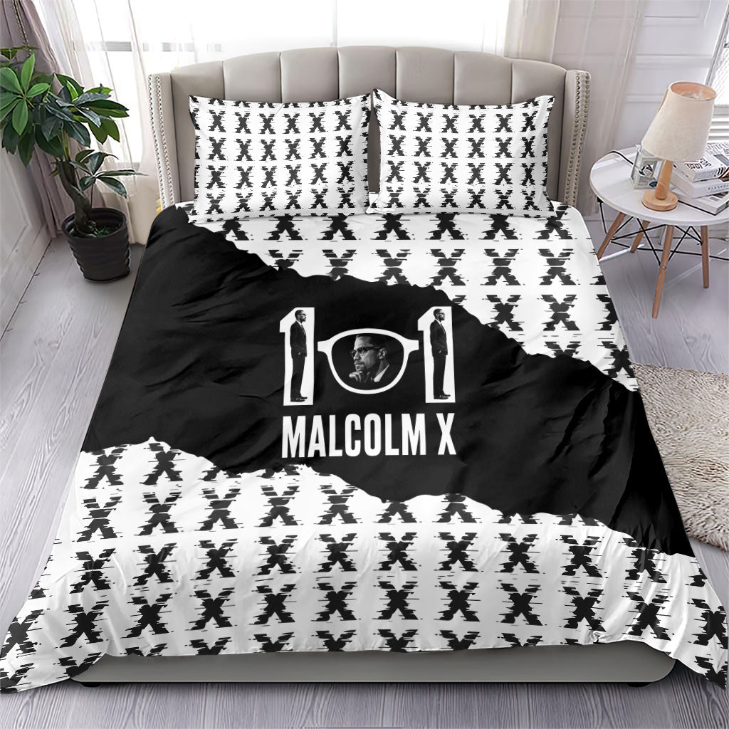 Malcolm X 101 Years Of Resistance Bedding Set Civil Rights Leader Portrait - Monochrome X Pattern